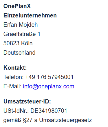 Übersicht der Impressum-Angaben von OnePlanX