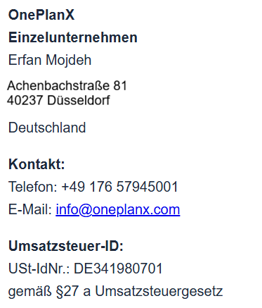 Übersicht der Impressum-Angaben von OnePlanX