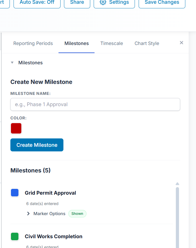MTA chart milestone settings panel